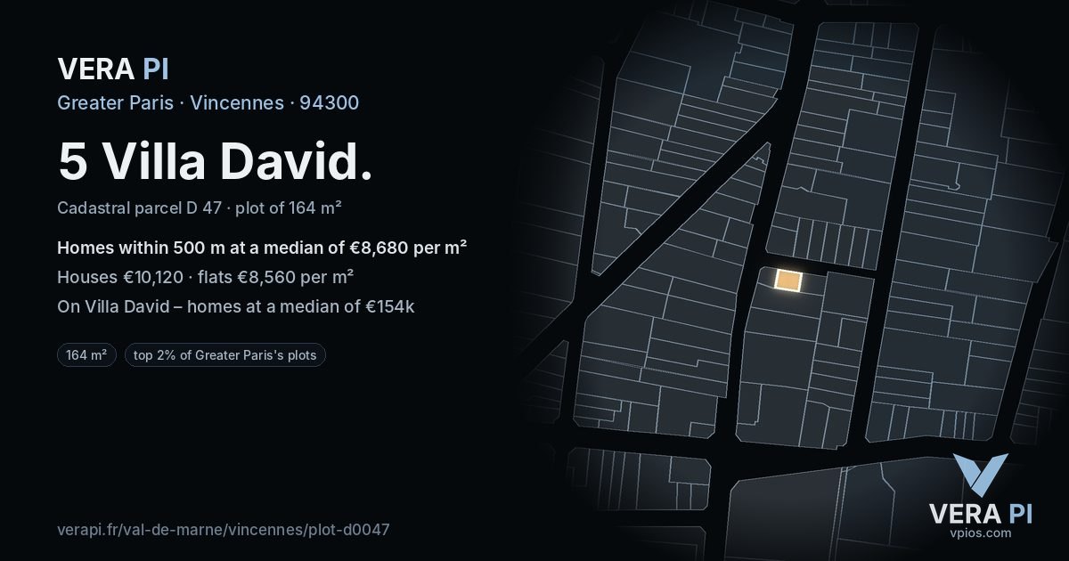 5 Villa David, Vincennes at night – the plot lit, the parcels around coloured by the prices near them