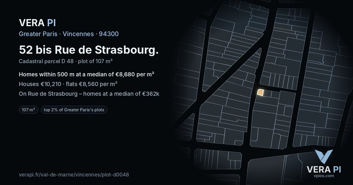 52 bis Rue de Strasbourg, Vincennes at night – the plot lit, the parcels around coloured by the prices near them
