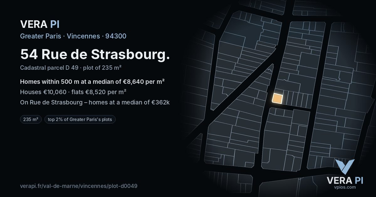 54 Rue de Strasbourg, Vincennes at night – the plot lit, the parcels around coloured by the prices near them