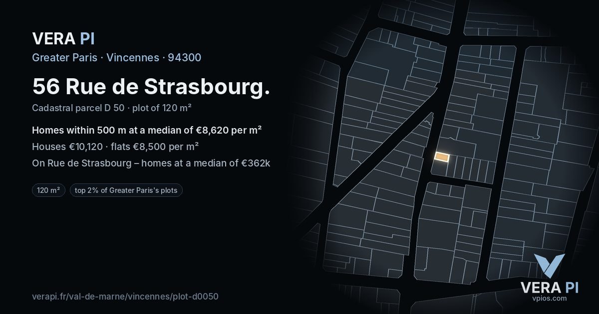 56 Rue de Strasbourg, Vincennes at night – the plot lit, the parcels around coloured by the prices near them