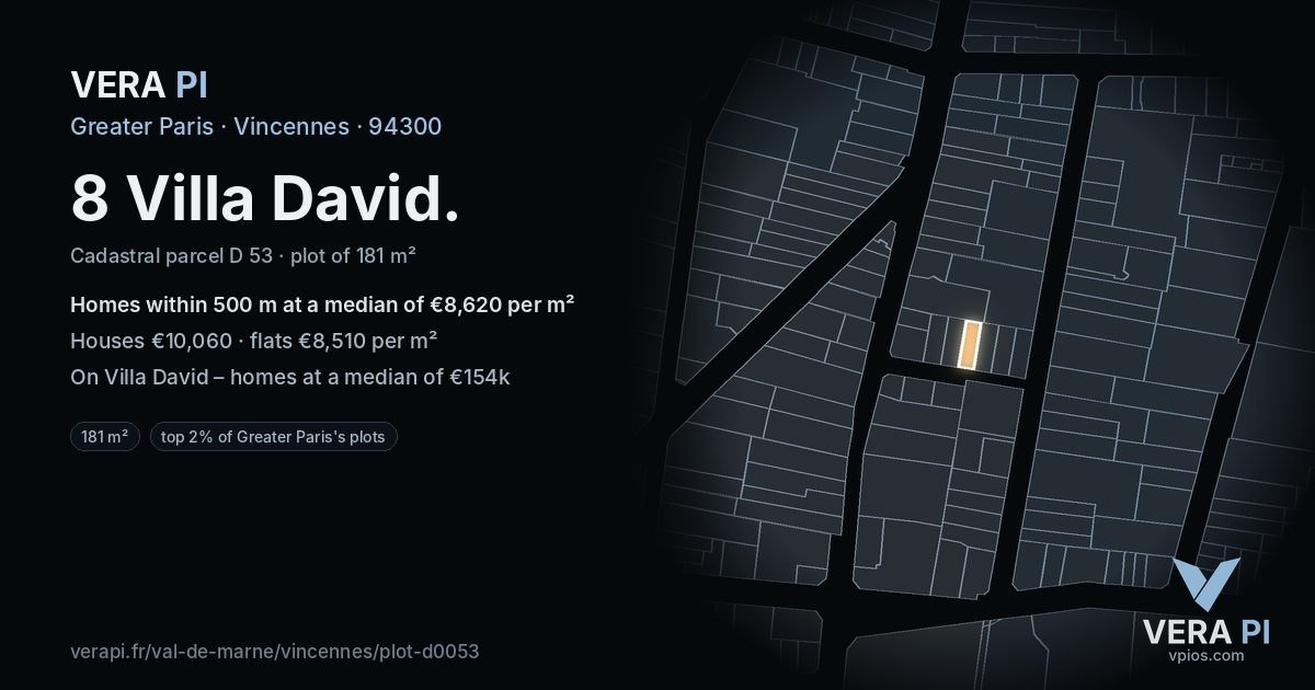 8 Villa David, Vincennes at night – the plot lit, the parcels around coloured by the prices near them
