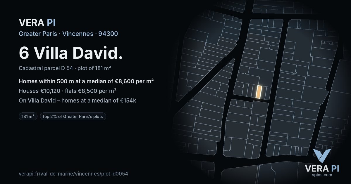 6 Villa David, Vincennes at night – the plot lit, the parcels around coloured by the prices near them