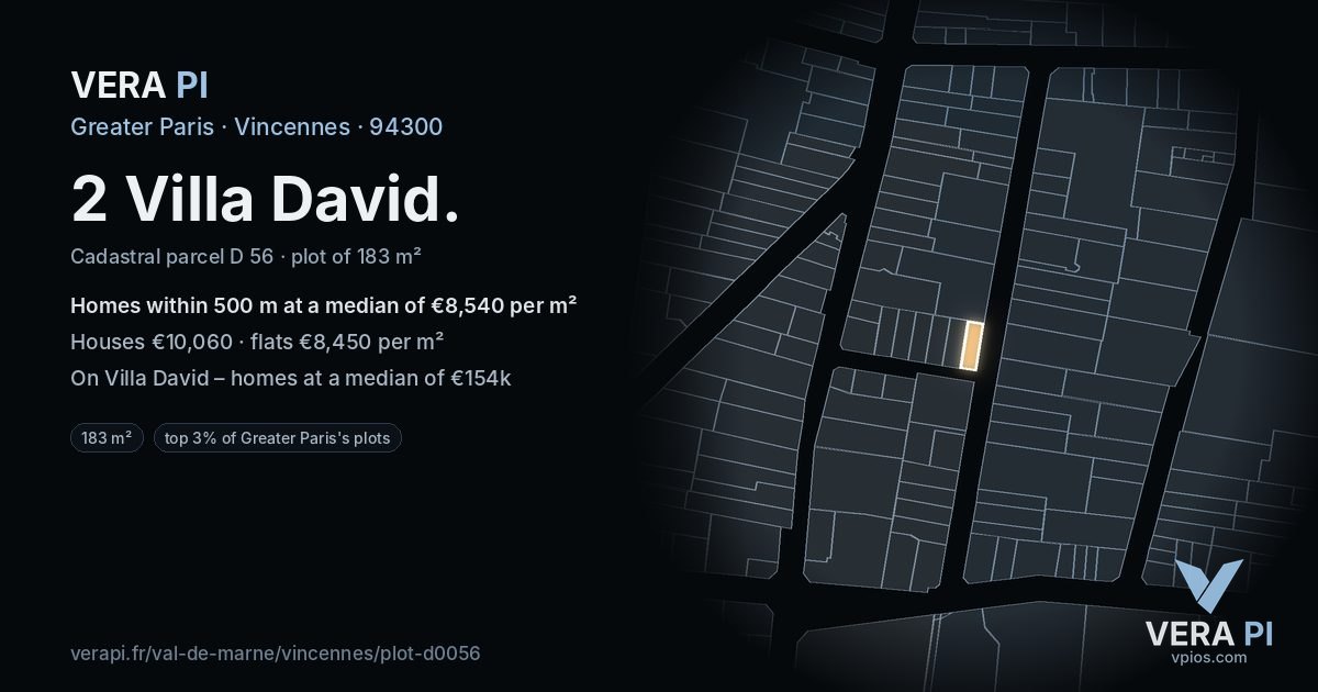 2 Villa David, Vincennes at night – the plot lit, the parcels around coloured by the prices near them