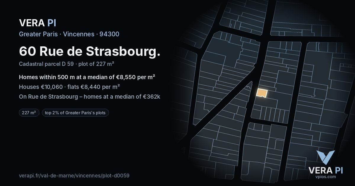 60 Rue de Strasbourg, Vincennes at night – the plot lit, the parcels around coloured by the prices near them
