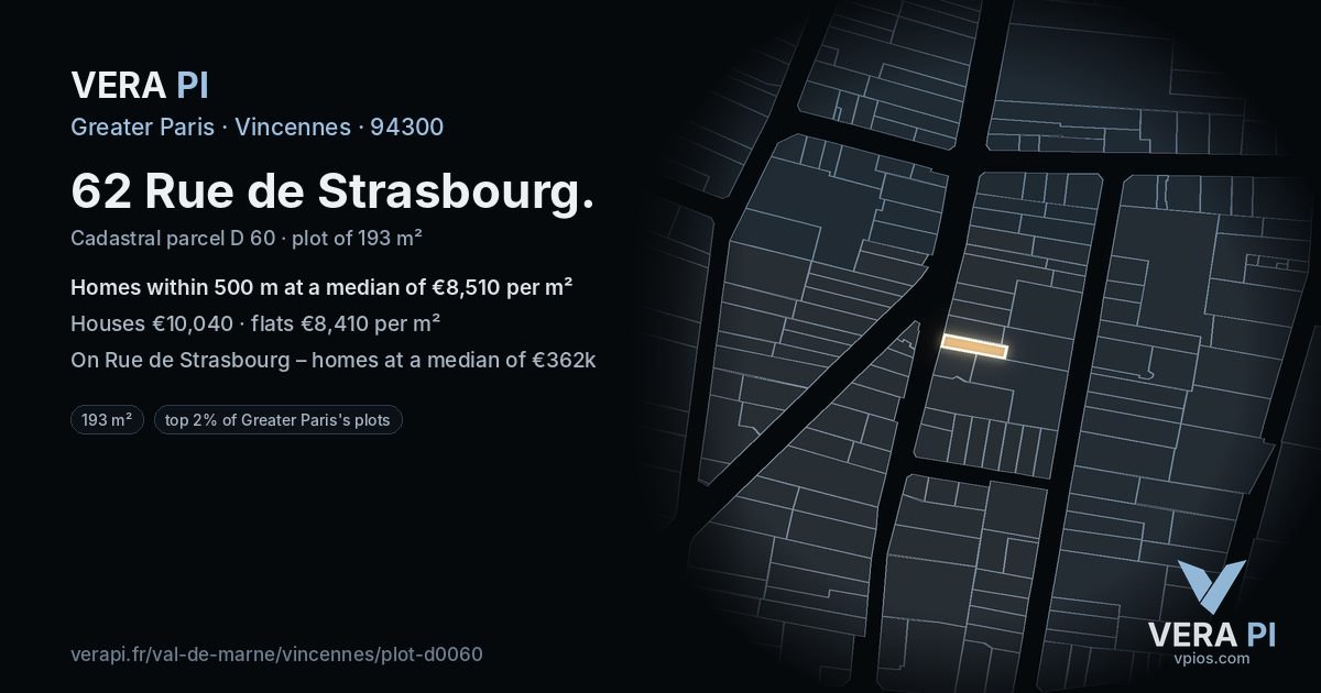62 Rue de Strasbourg, Vincennes at night – the plot lit, the parcels around coloured by the prices near them
