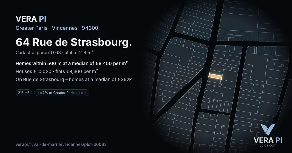 64 Rue de Strasbourg, Vincennes at night – the plot lit, the parcels around coloured by the prices near them