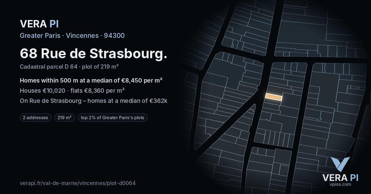 68 Rue de Strasbourg, Vincennes at night – the plot lit, the parcels around coloured by the prices near them