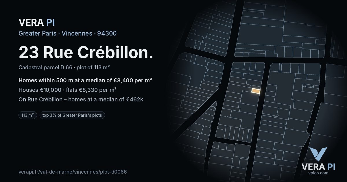 23 Rue Crébillon, Vincennes at night – the plot lit, the parcels around coloured by the prices near them