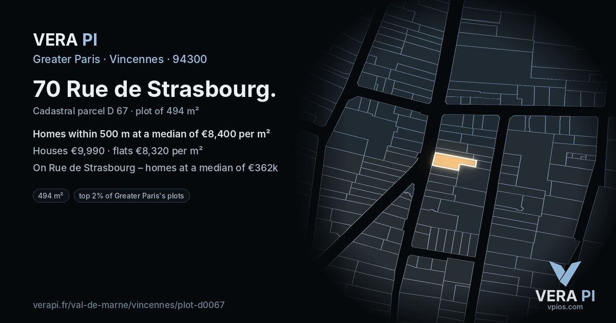 70 Rue de Strasbourg, Vincennes at night – the plot lit, the parcels around coloured by the prices near them