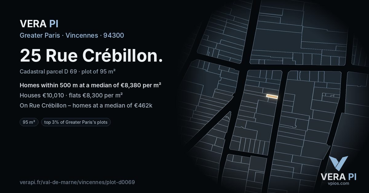 25 Rue Crébillon, Vincennes at night – the plot lit, the parcels around coloured by the prices near them