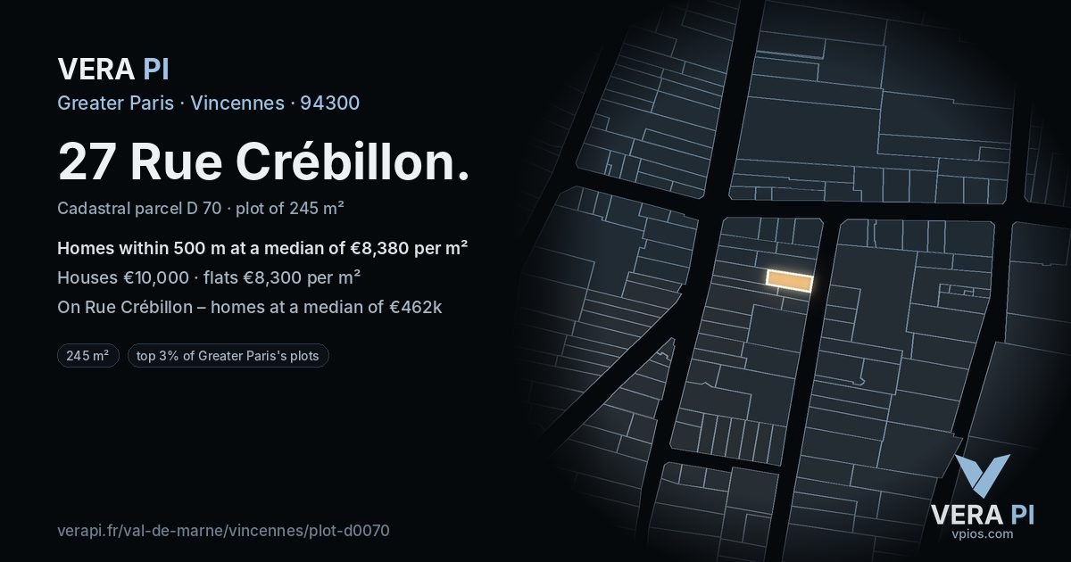 27 Rue Crébillon, Vincennes at night – the plot lit, the parcels around coloured by the prices near them