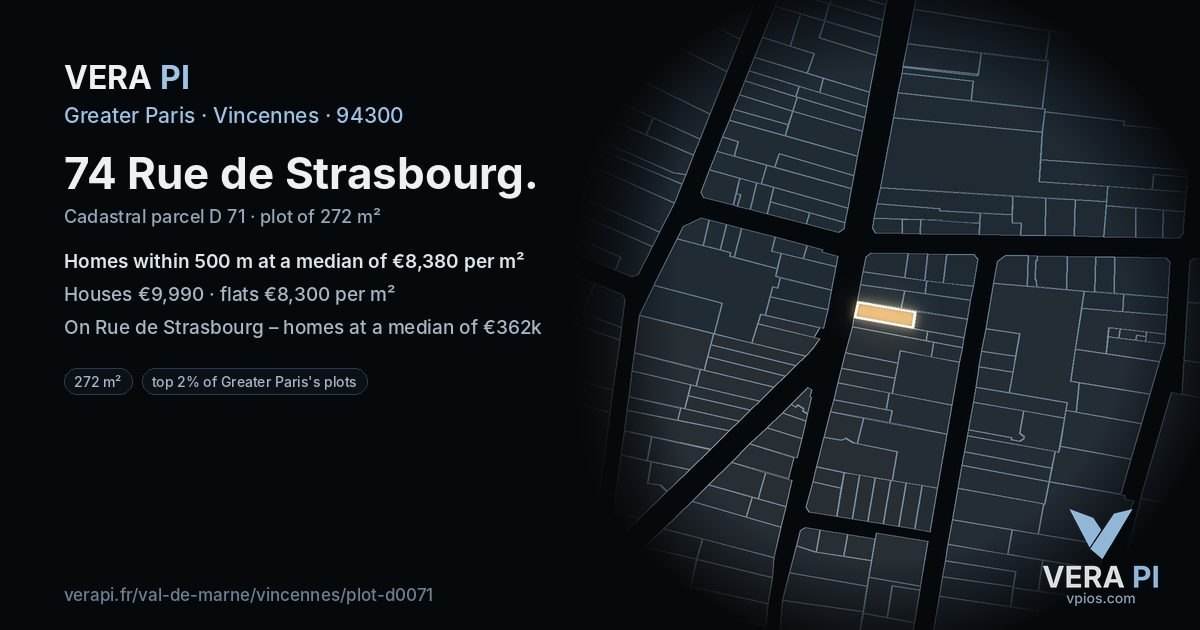 74 Rue de Strasbourg, Vincennes at night – the plot lit, the parcels around coloured by the prices near them