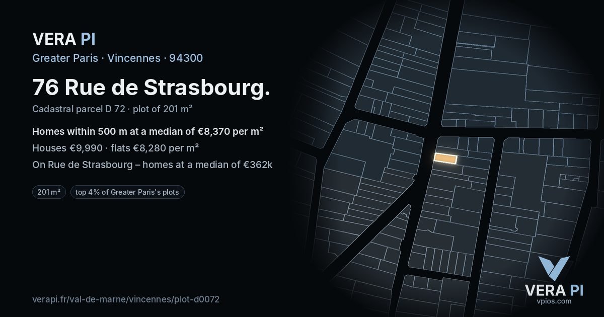 76 Rue de Strasbourg, Vincennes at night – the plot lit, the parcels around coloured by the prices near them