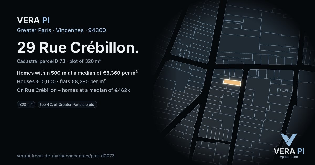 29 Rue Crébillon, Vincennes at night – the plot lit, the parcels around coloured by the prices near them