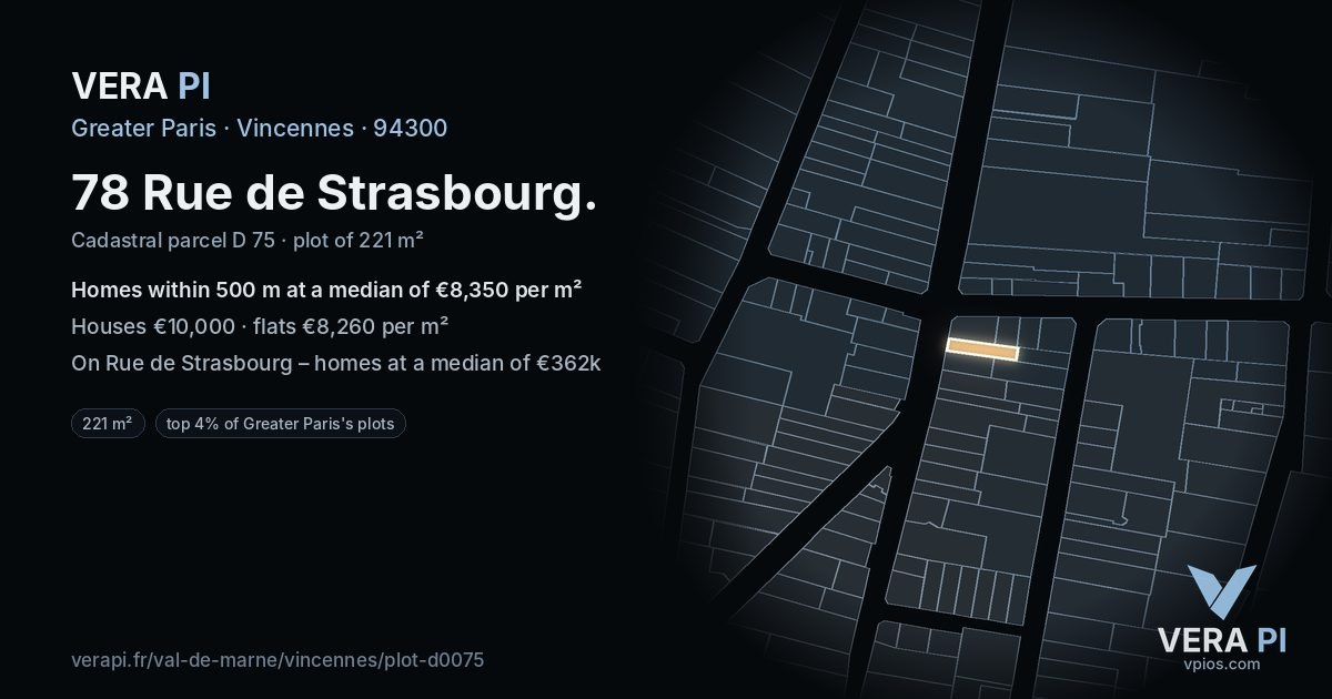 78 Rue de Strasbourg, Vincennes at night – the plot lit, the parcels around coloured by the prices near them