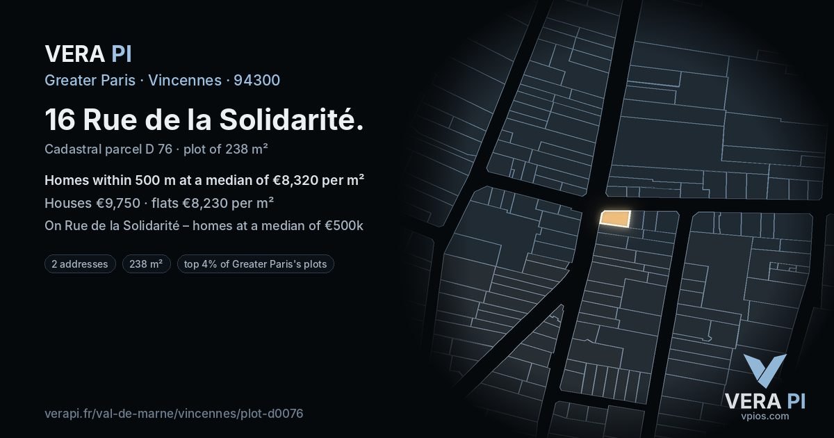 16 Rue de la Solidarité, Vincennes at night – the plot lit, the parcels around coloured by the prices near them
