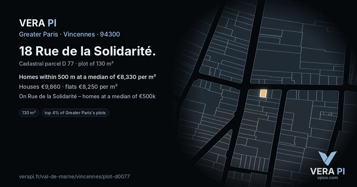 18 Rue de la Solidarité, Vincennes at night – the plot lit, the parcels around coloured by the prices near them