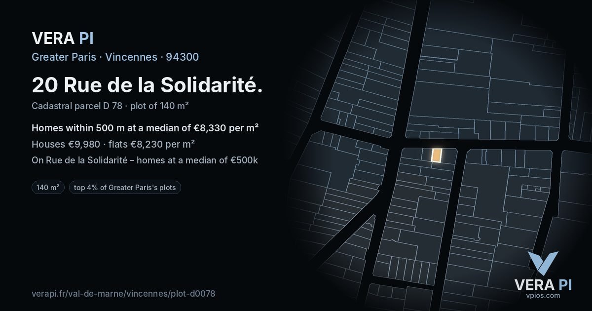20 Rue de la Solidarité, Vincennes at night – the plot lit, the parcels around coloured by the prices near them