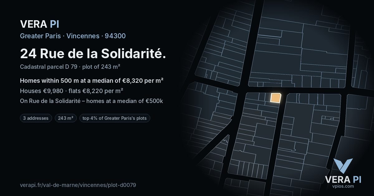 24 Rue de la Solidarité, Vincennes at night – the plot lit, the parcels around coloured by the prices near them