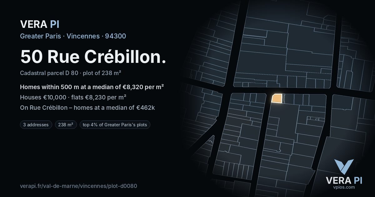 50 Rue Crébillon, Vincennes at night – the plot lit, the parcels around coloured by the prices near them