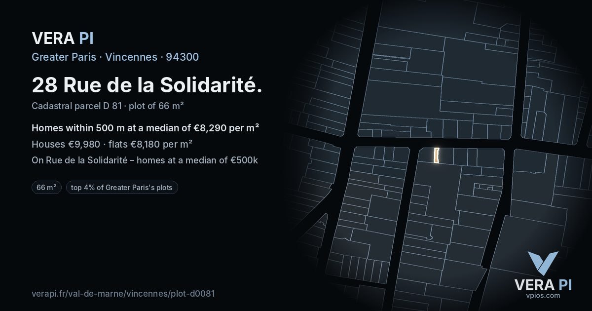28 Rue de la Solidarité, Vincennes at night – the plot lit, the parcels around coloured by the prices near them