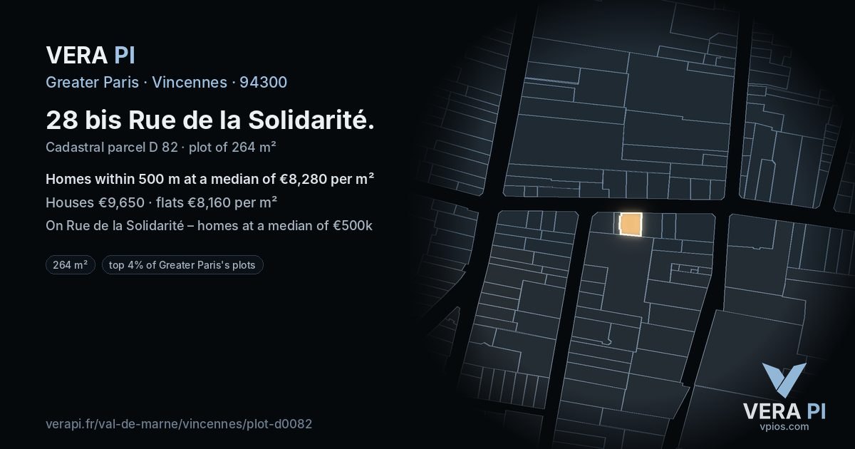 28 bis Rue de la Solidarité, Vincennes at night – the plot lit, the parcels around coloured by the prices near them