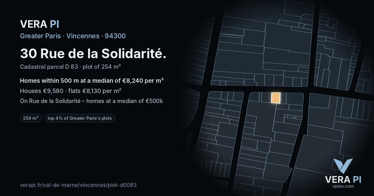 30 Rue de la Solidarité, Vincennes at night – the plot lit, the parcels around coloured by the prices near them