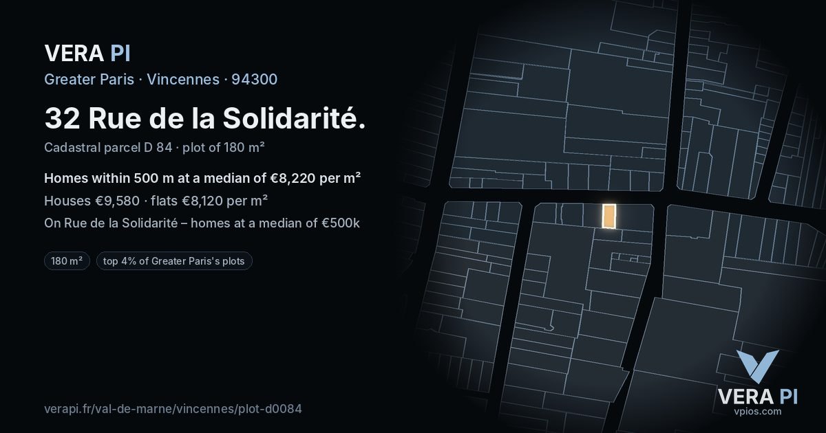 32 Rue de la Solidarité, Vincennes at night – the plot lit, the parcels around coloured by the prices near them