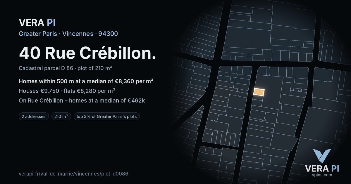 40 Rue Crébillon, Vincennes at night – the plot lit, the parcels around coloured by the prices near them