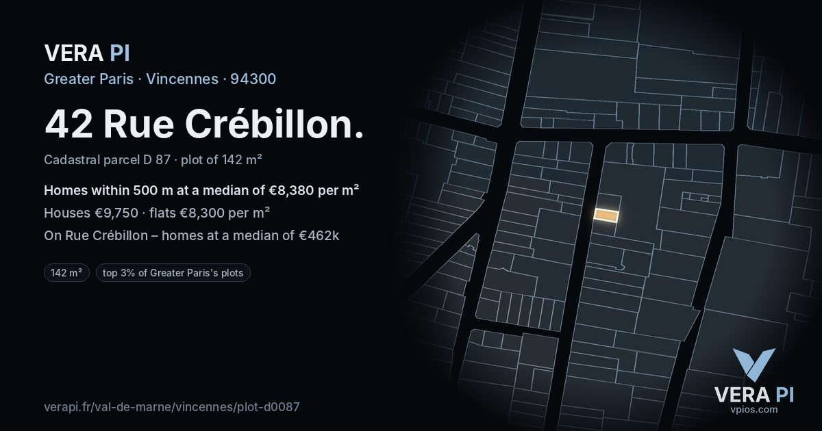 42 Rue Crébillon, Vincennes at night – the plot lit, the parcels around coloured by the prices near them