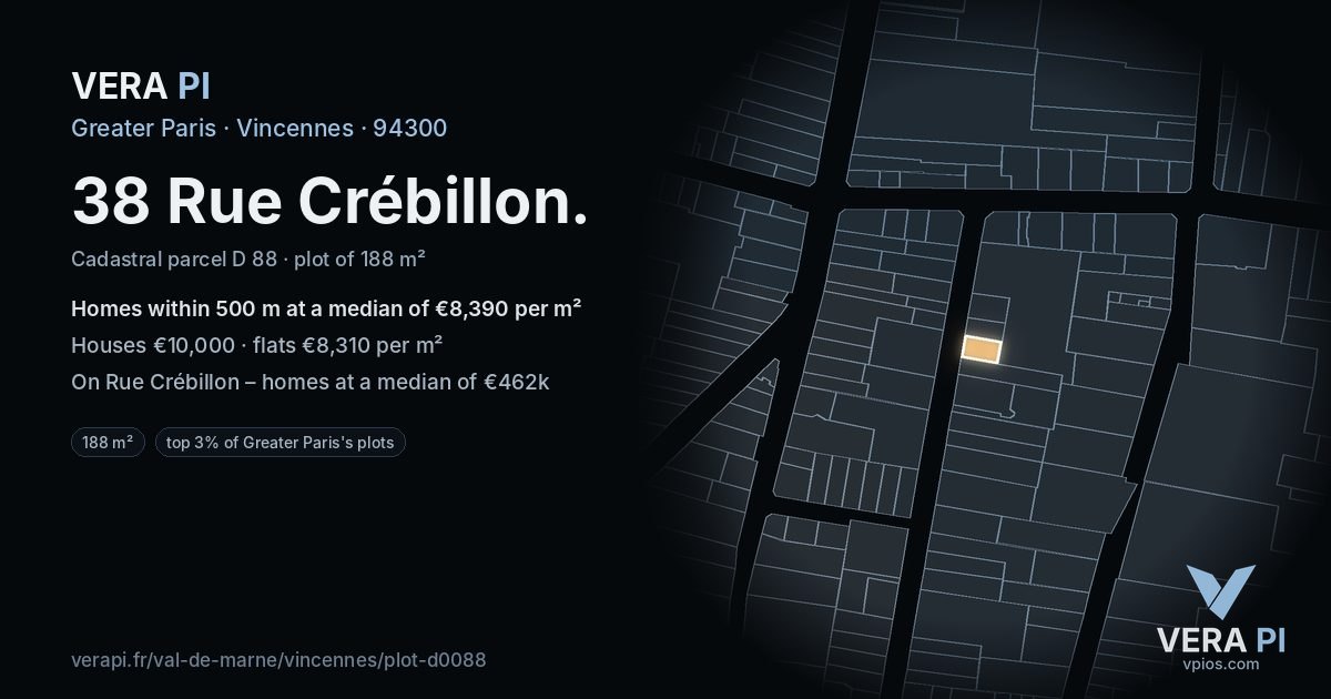 38 Rue Crébillon, Vincennes at night – the plot lit, the parcels around coloured by the prices near them
