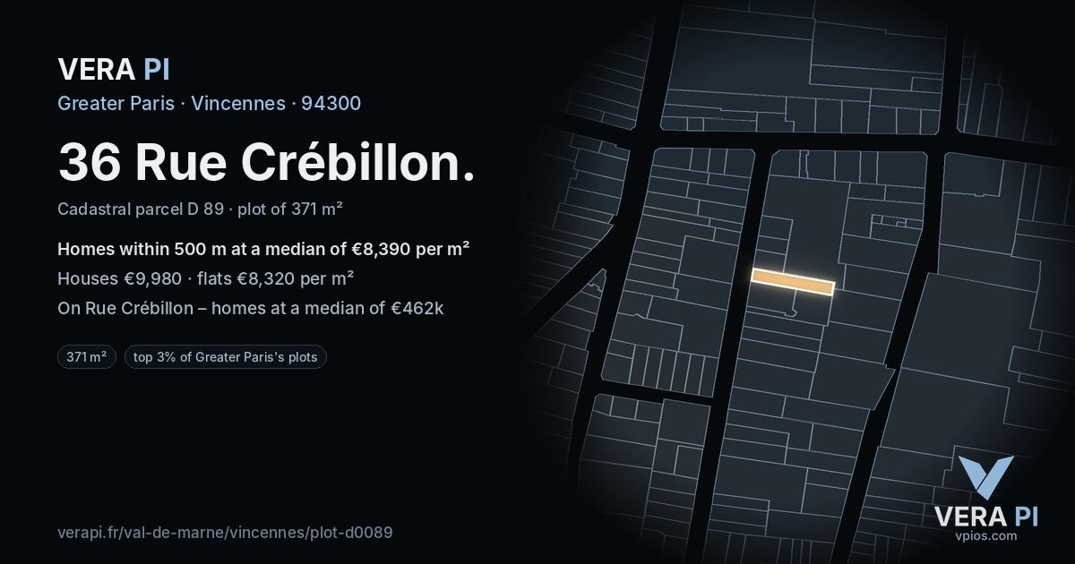 36 Rue Crébillon, Vincennes at night – the plot lit, the parcels around coloured by the prices near them