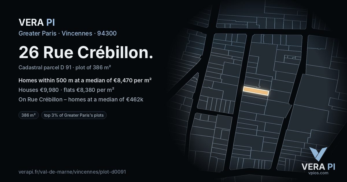 26 Rue Crébillon, Vincennes at night – the plot lit, the parcels around coloured by the prices near them
