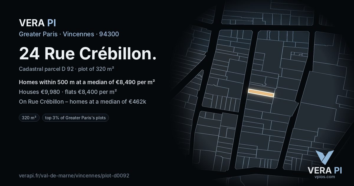 24 Rue Crébillon, Vincennes at night – the plot lit, the parcels around coloured by the prices near them