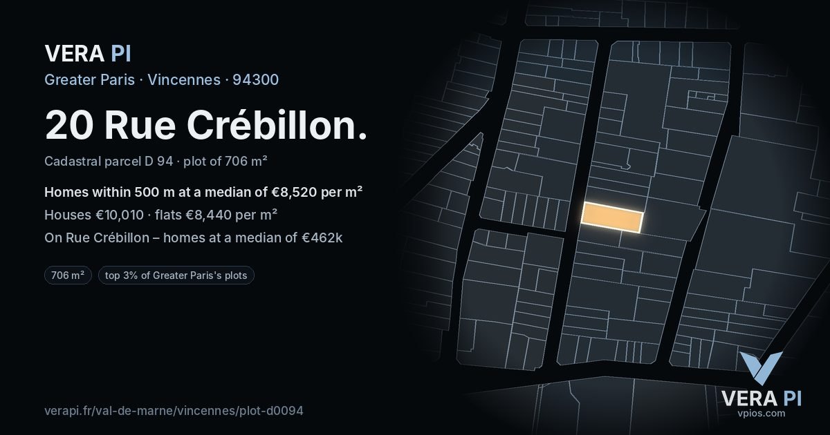 20 Rue Crébillon, Vincennes at night – the plot lit, the parcels around coloured by the prices near them