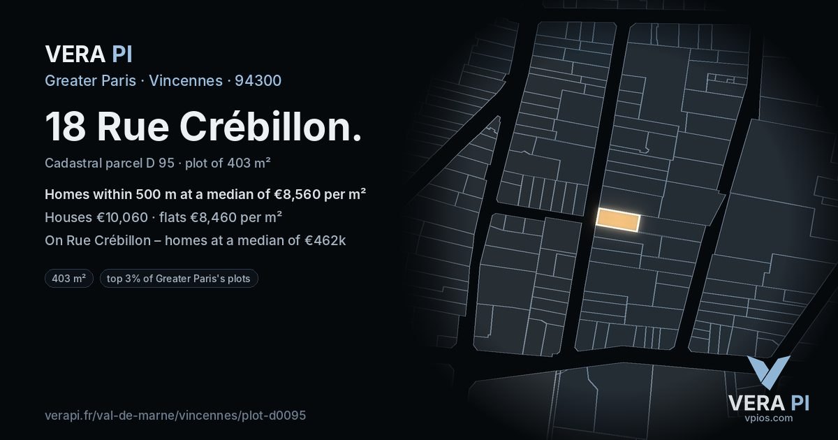 18 Rue Crébillon, Vincennes at night – the plot lit, the parcels around coloured by the prices near them