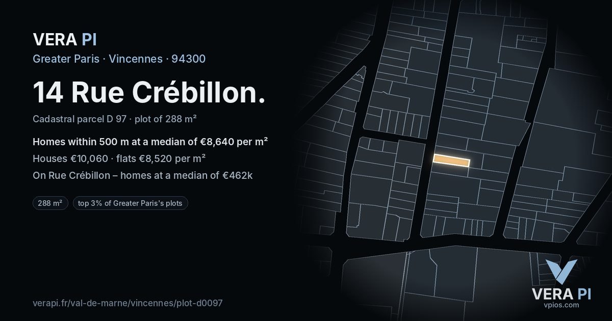 14 Rue Crébillon, Vincennes at night – the plot lit, the parcels around coloured by the prices near them