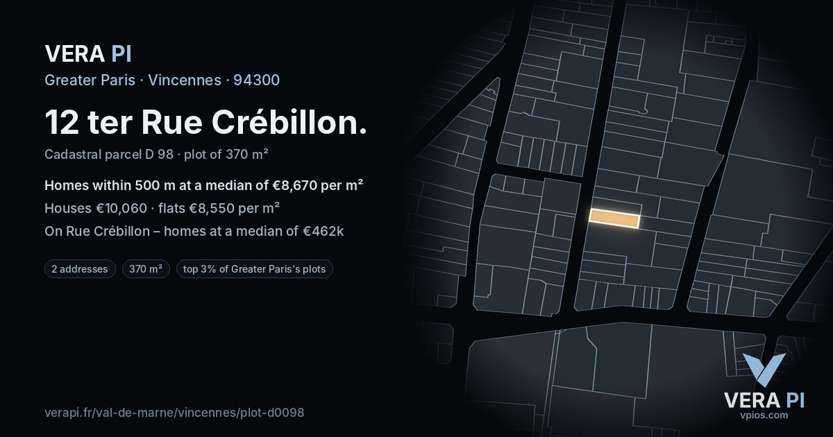 12 ter Rue Crébillon, Vincennes at night – the plot lit, the parcels around coloured by the prices near them