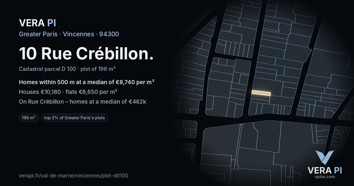 10 Rue Crébillon, Vincennes at night – the plot lit, the parcels around coloured by the prices near them