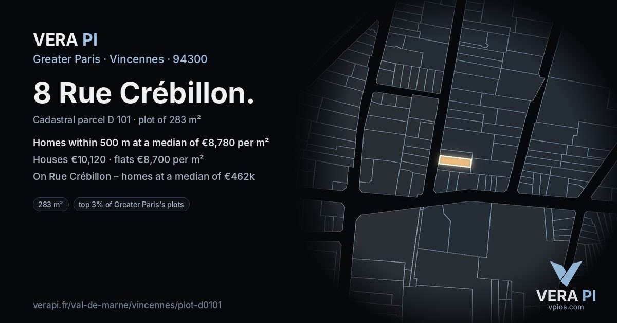 8 Rue Crébillon, Vincennes at night – the plot lit, the parcels around coloured by the prices near them