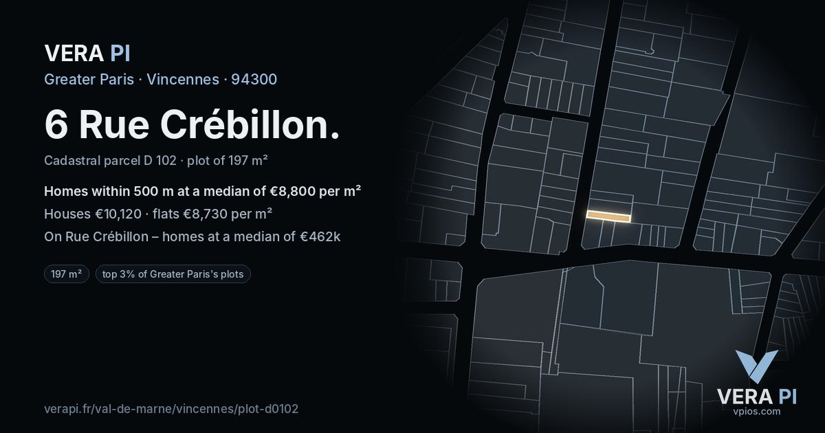 6 Rue Crébillon, Vincennes at night – the plot lit, the parcels around coloured by the prices near them