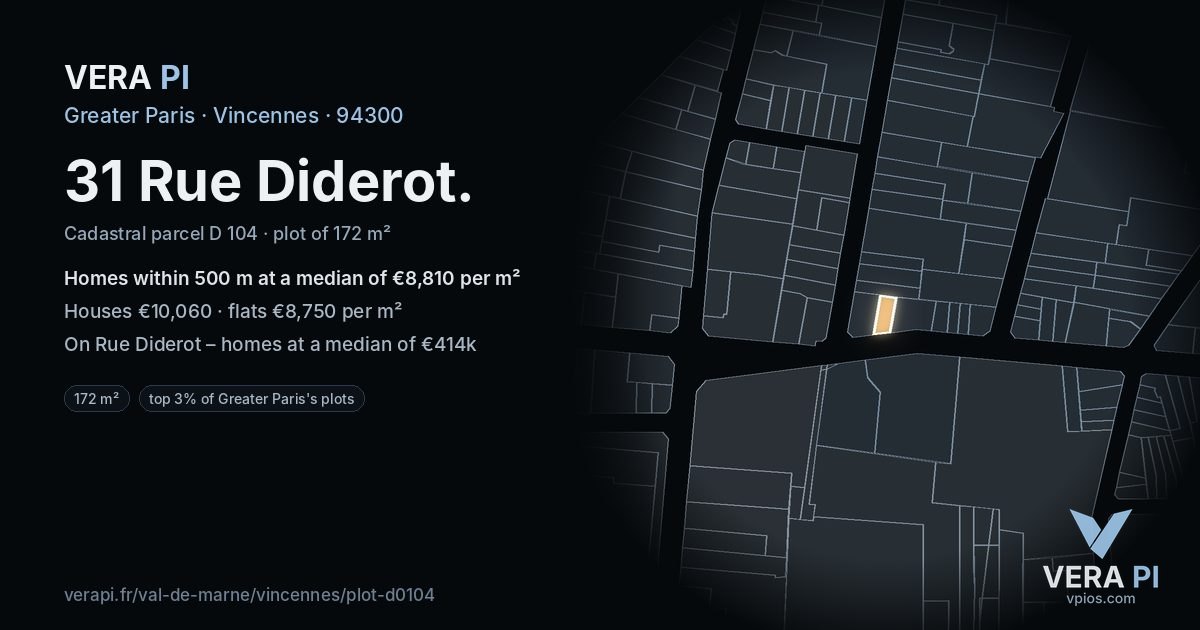 31 Rue Diderot, Vincennes at night – the plot lit, the parcels around coloured by the prices near them