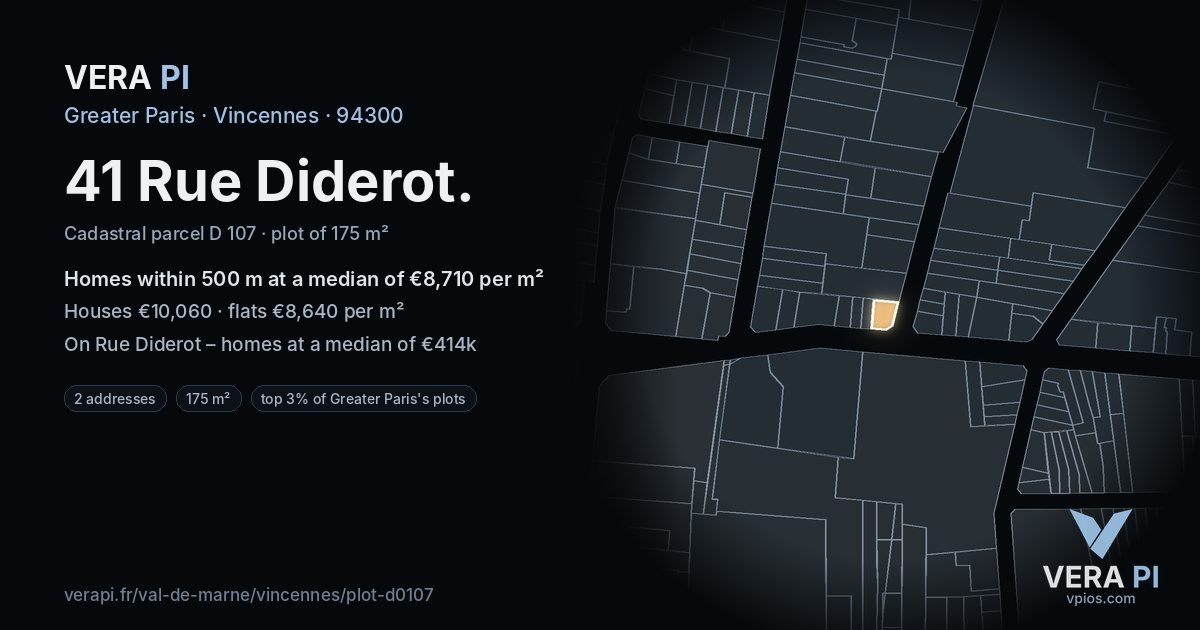 41 Rue Diderot, Vincennes at night – the plot lit, the parcels around coloured by the prices near them