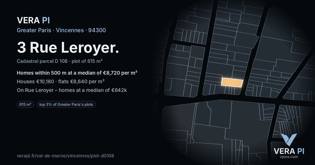 3 Rue Leroyer, Vincennes at night – the plot lit, the parcels around coloured by the prices near them