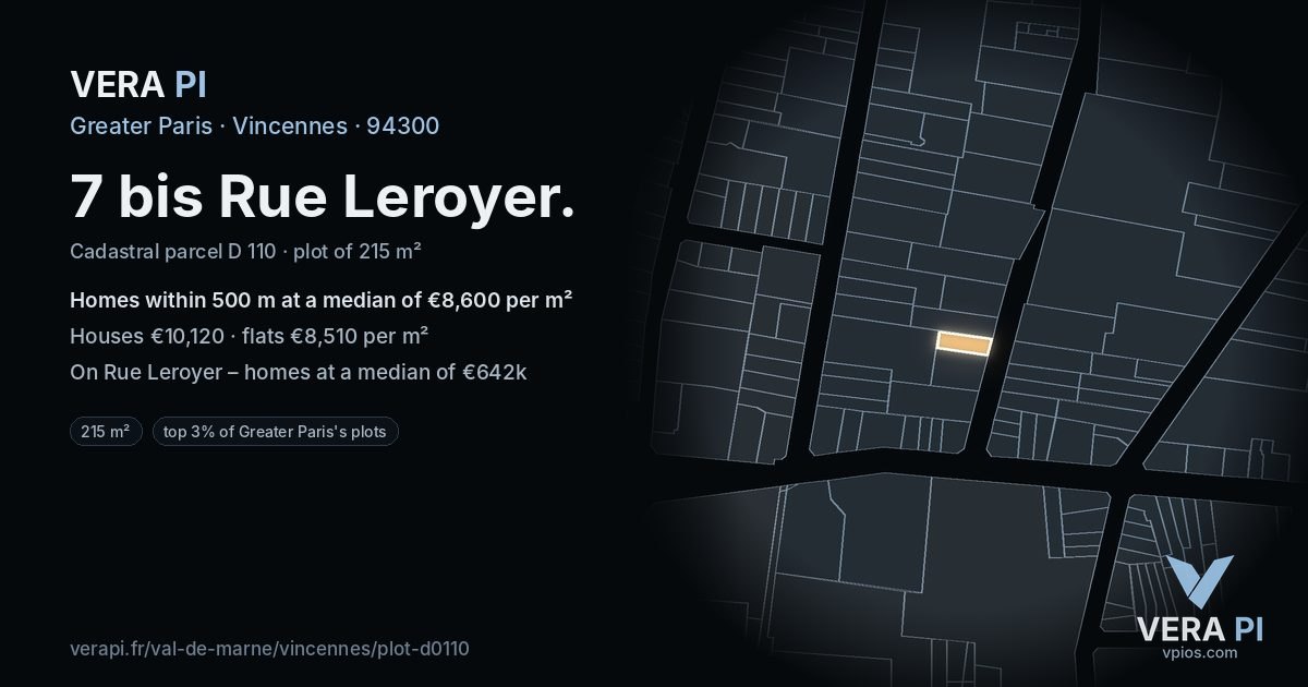 7 bis Rue Leroyer, Vincennes at night – the plot lit, the parcels around coloured by the prices near them