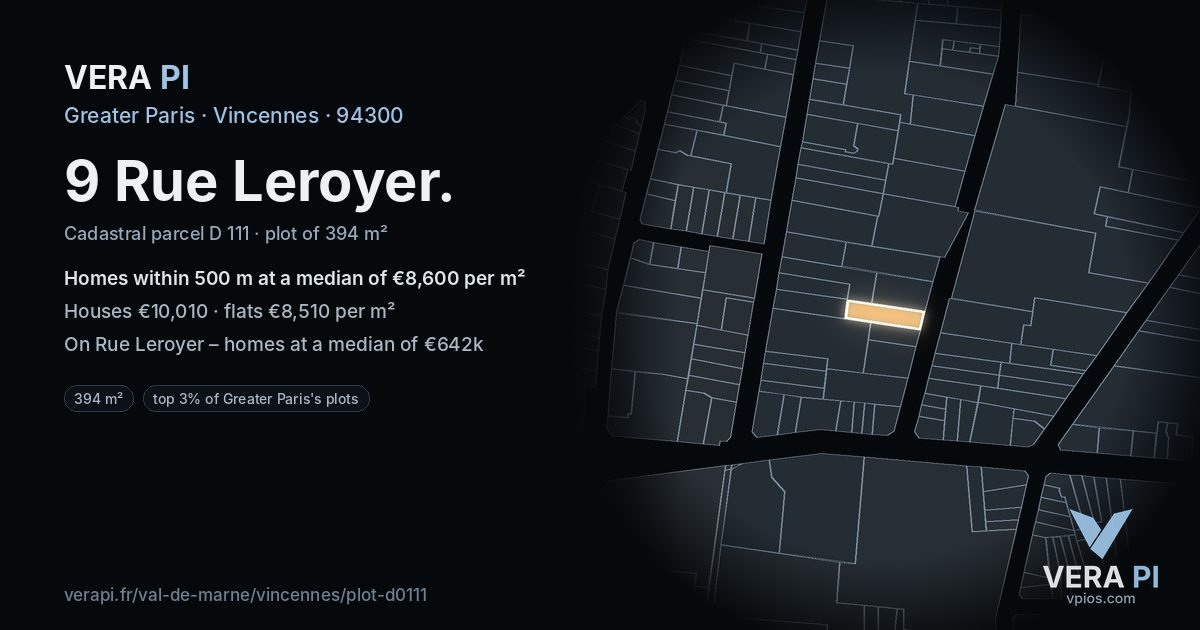 9 Rue Leroyer, Vincennes at night – the plot lit, the parcels around coloured by the prices near them