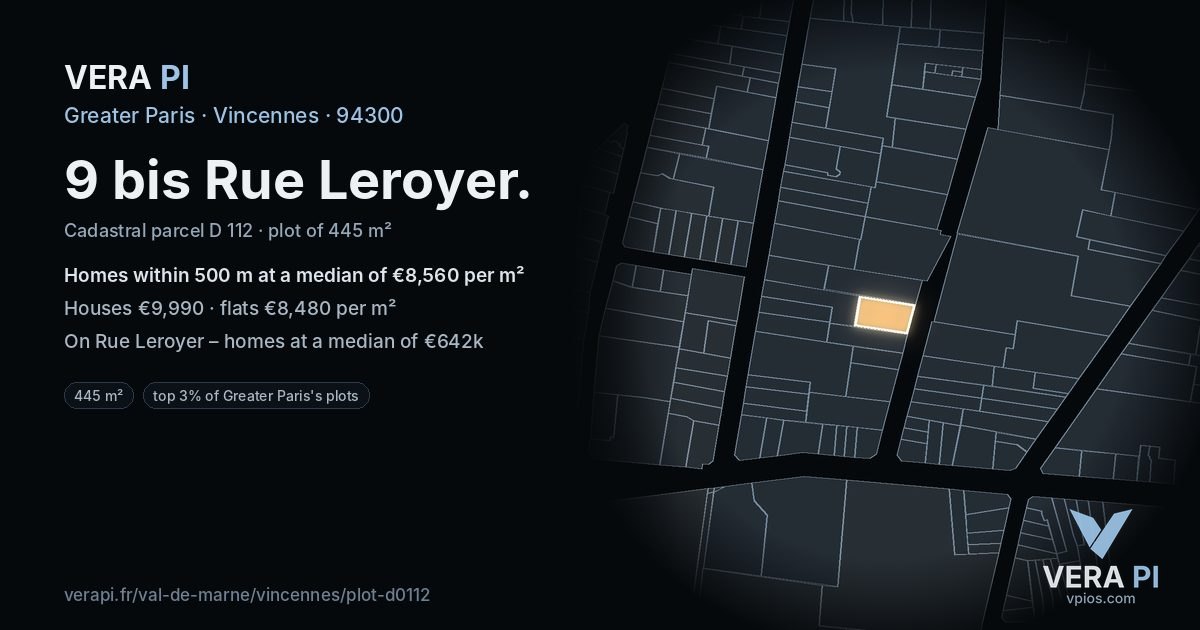 9 bis Rue Leroyer, Vincennes at night – the plot lit, the parcels around coloured by the prices near them