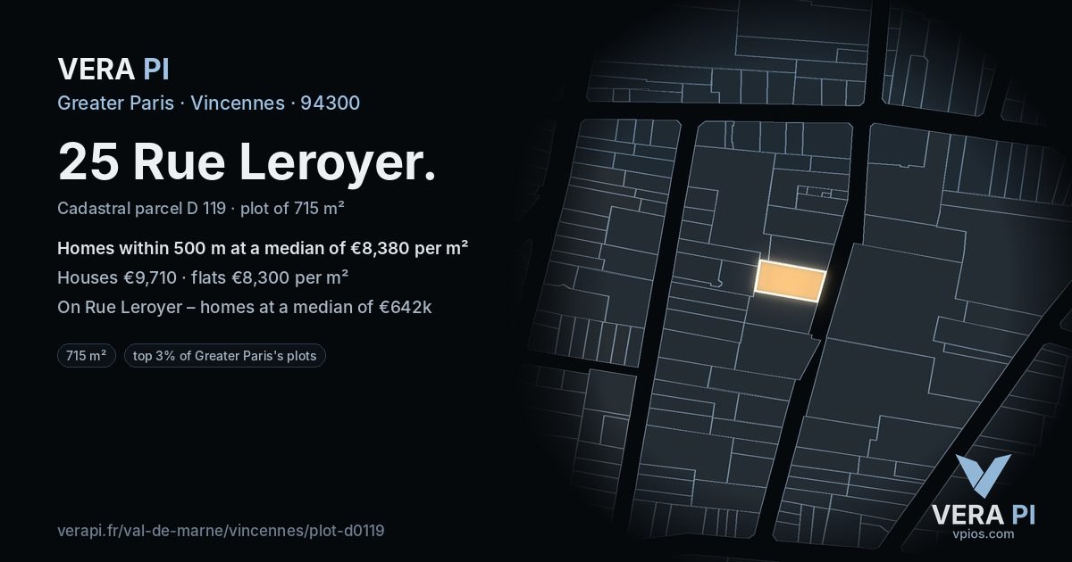 25 Rue Leroyer, Vincennes at night – the plot lit, the parcels around coloured by the prices near them