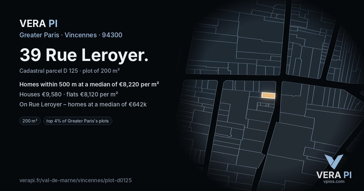 39 Rue Leroyer, Vincennes at night – the plot lit, the parcels around coloured by the prices near them