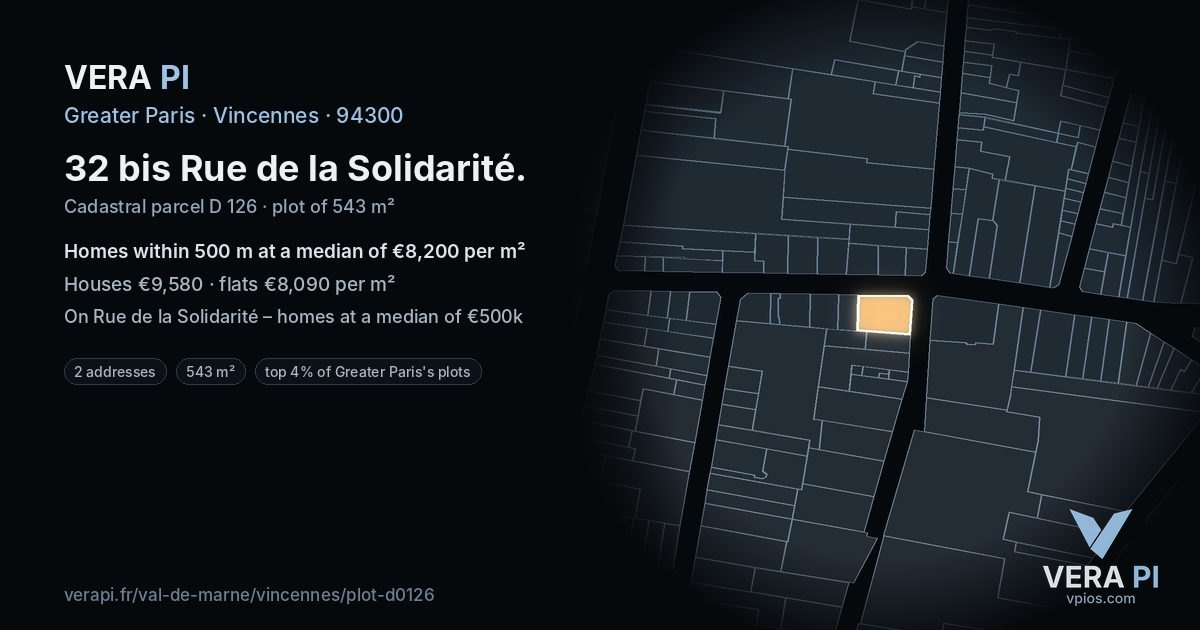 32 bis Rue de la Solidarité, Vincennes at night – the plot lit, the parcels around coloured by the prices near them